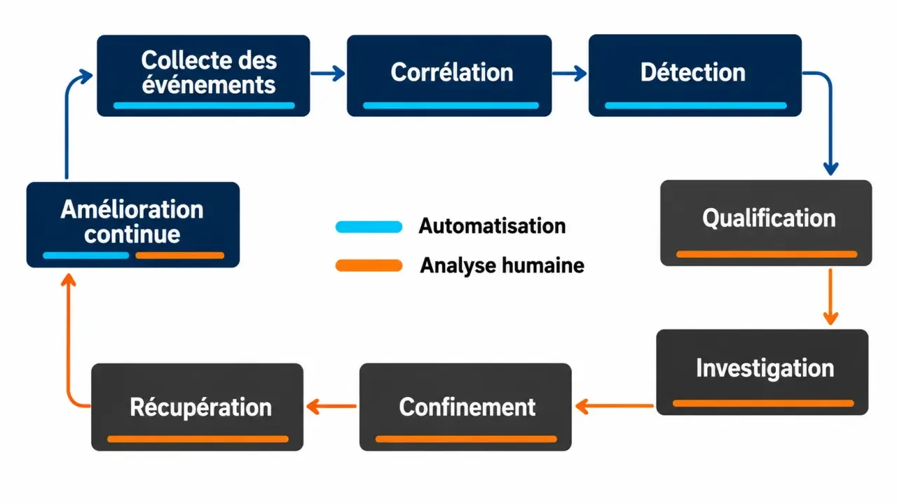 Schéma du cycle d’un SOC en cybersécurité, de la détection à la récupération