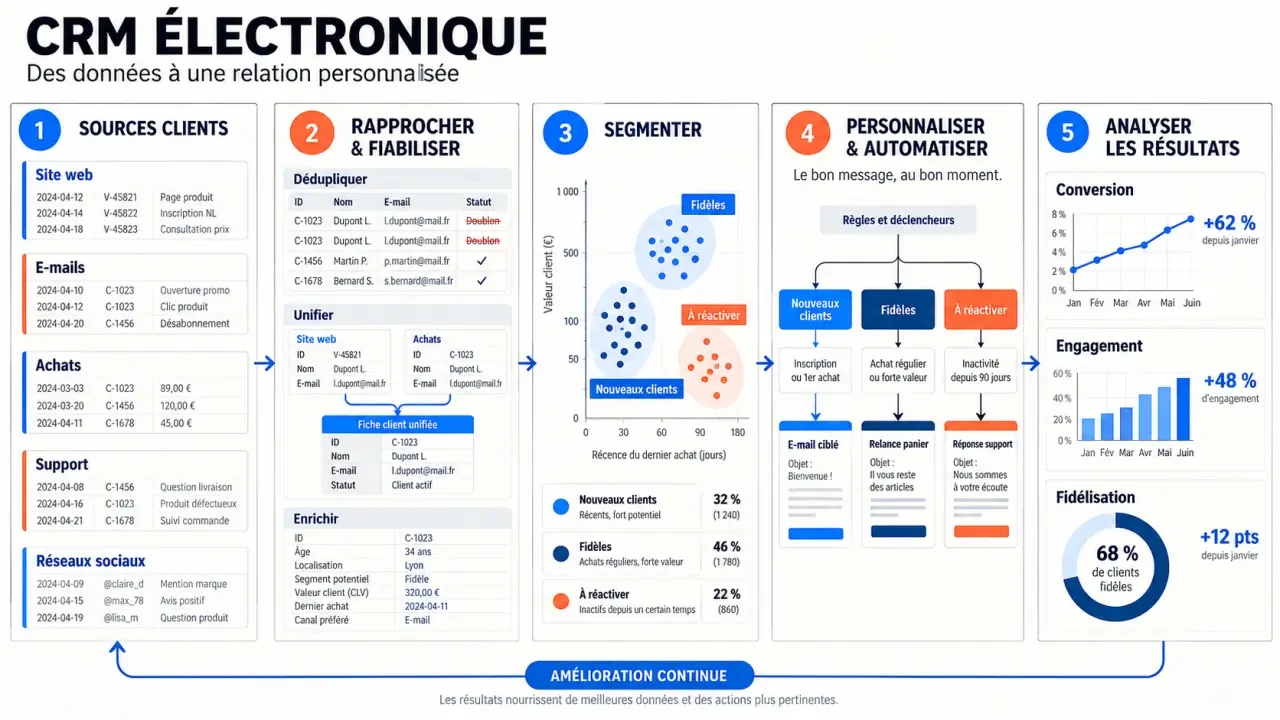 Schéma du fonctionnement d’un electronic CRM, de la collecte des données clients à la personnalisation et à l’analyse