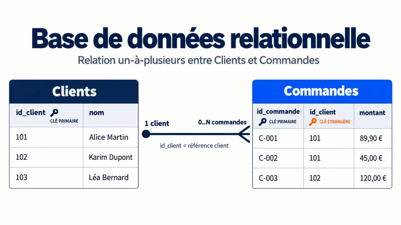 Schéma d’une base de données relationnelle avec tables Clients et Commandes, clé primaire et clé étrangère