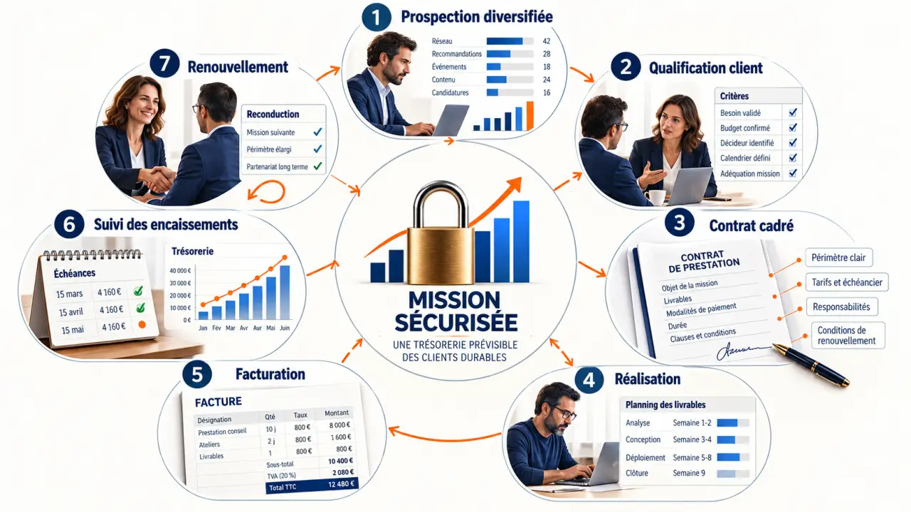 Comment sécuriser son activité de consultant freelance en B2B : cycle d’une mission de la prospection au renouvellement