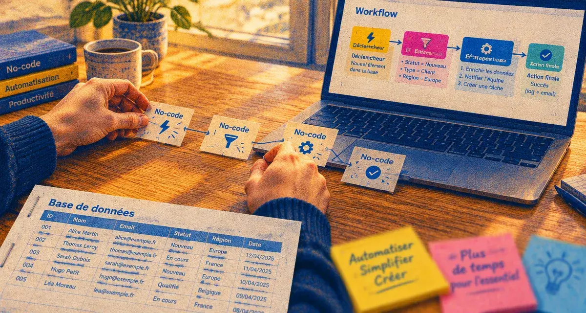 No code formation pour créer un outil métier sans coder, workflow affiché sur laptop